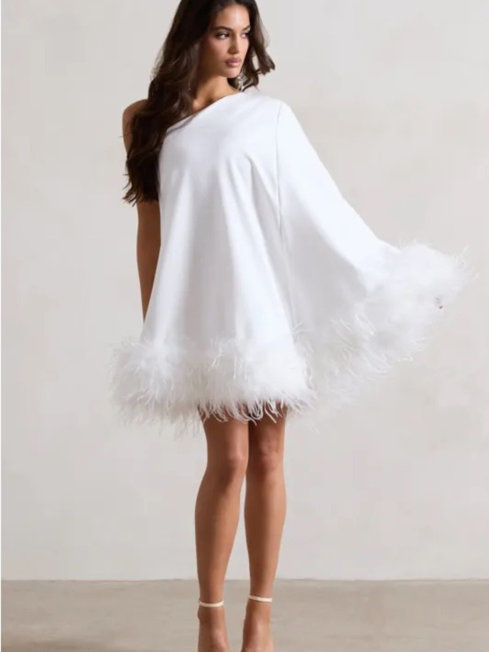 Club L London White One-Shoulder Feather Hem Mini Dress
